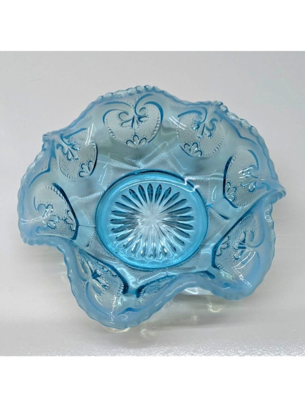 Dugan LG Wright Jeweled Heart Sweetheart Blue Ruffled Glass Bowl Vintage
